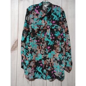 Boutique Shirt Ladies 2x Button Front Long Sleeve Teal‎ Floral